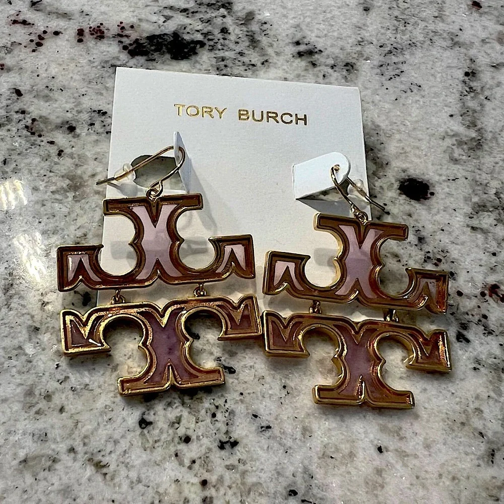Brand New TB Tory Transparent Gold Drop Logo Earrings Britten Double T